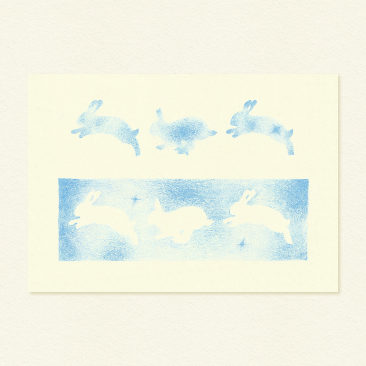 leaping blue bunnies print